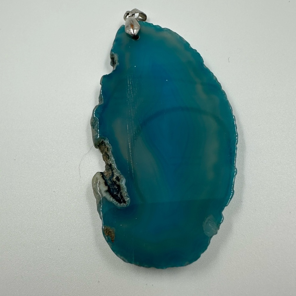 Teal Agate Slice Pendant w Silver Tone Bale